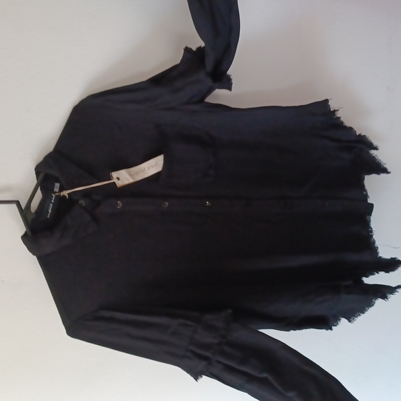 SUMMER Black FRINGE Distressed Detailed Black Pocket Blouse Button Down Shirt - Picture 2 of 7